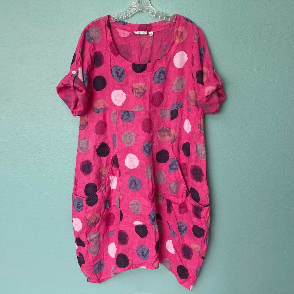 Vasna Polka Dot Linen Shark Bite Oversized Lagenlook Dress